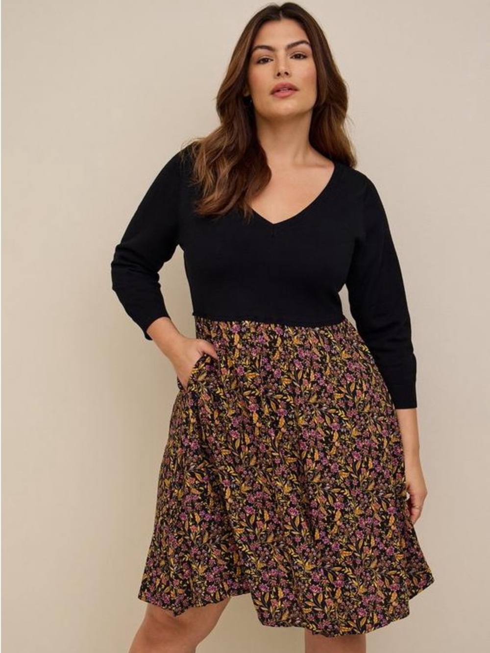 Torrid Mini Sweater Knit & Challis Woven Dress Floral Pocket fairy whimsy garden